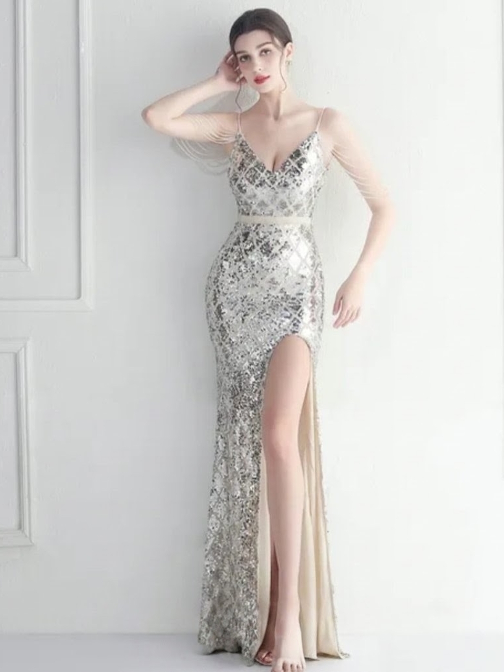 Silver Sequin Evening Gown with Illusion Sleeves - Picture 4 of 15